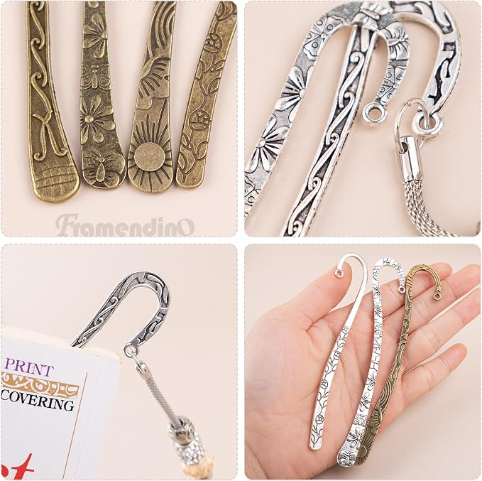 Framendino, 12 Pack Metal Bookmark Antique Tibetan Carved Hook Bookmarks with Loop for Crafting (4 Colors)