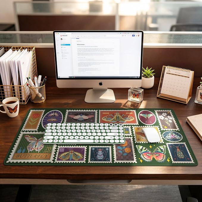 iCasso Vintage Desk Cover Mat, XXL Large Butterfly Mouse Pad,Desk Matt for Desktop Protector, Anti-Slip Mousepad with Stitched Edges for Laptop Computer Keyboard(Olive Green)