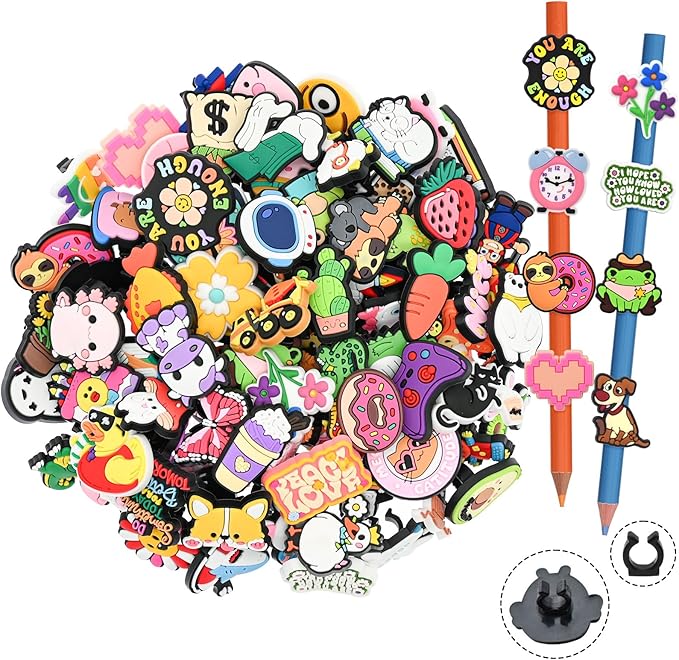 100PCS Pencil Toppers,Cute Pencil Charms for Students Bulk School Teacher Supplies Fun Pen Toppers Charms,PVC Pencils Clips Accessories Random Different Pencils Decor Classroom Rewards Prizes gifts