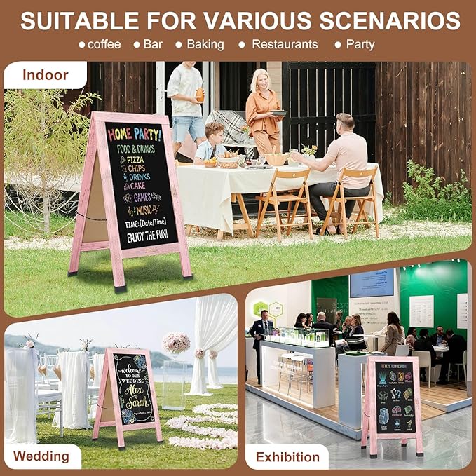 Wood Magnetic A-Frame Chalkboard Signs, 40" x 20" Large Sandwich Board Signs Outdoor, Double-Sided Sidewalk Blackboard for Business, Wedding, Vendor Display, Coffee Shope - Pink