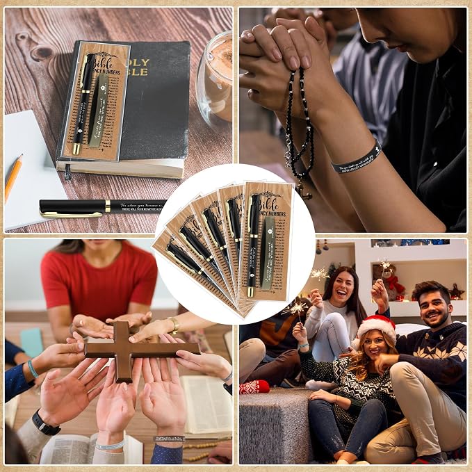 TecUnite 25 Sets Father's Day Christian Church Gifts Bulk for Men Bible Verse Gel Pens Religious Silicone Wristband Emergency Numbers Bookmarks for Coworker Nurse Teacher Women(Black)