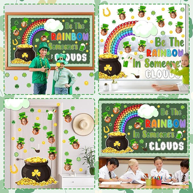 St. Patrick's Day Bulletin Board Set 3D Rainbow Gold Coin Classroom Decoration Leprechaun Bulletin Board Clover DIY Craft Photos Cutouts for Irish Holiday Home Classroom Nursery Chalkboard Wall Decor