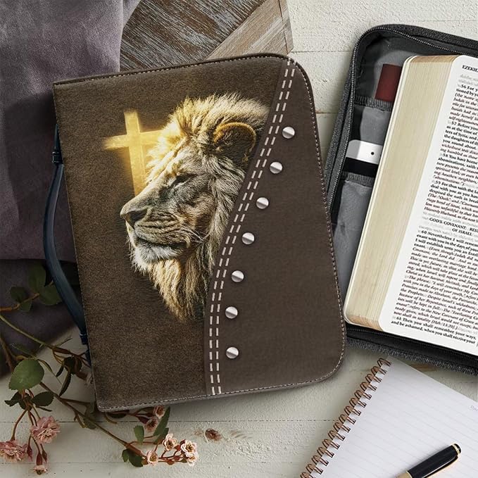 Retro Religious Cross and Lion Bible Case with Bookmark Waterproof Bible Cover Case for Women Lightweight Bible Bag with Handle Pockets Church Book Bag Brown