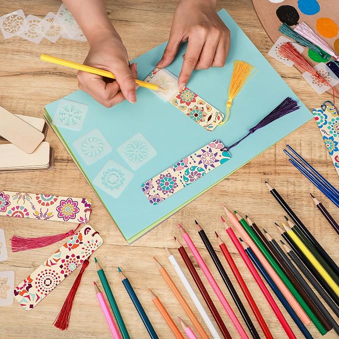 TaoBary 92 Pcs Large Size Wood Bookmark Making Kit Includes 36 Unfinished Blank Bookmarks 36 Tassels 20 Templates Craft DIY Crafts, Painting, Valentine's Day, Mother's Day Gift(Floral, 6 x 2 Inch)