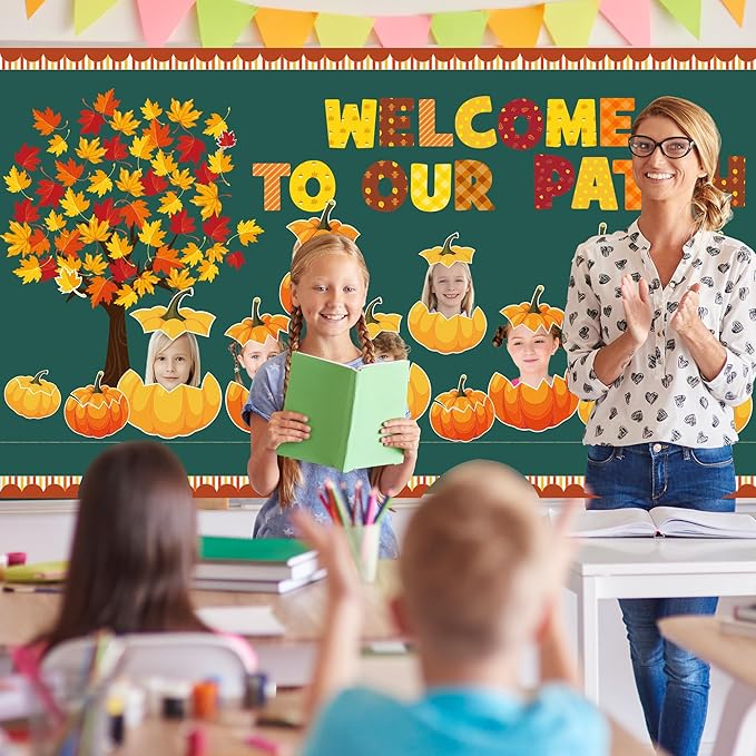 Pezutoi Fall Bulletin Board Decorations Set Autumn Welcome to our Patch Cutouts Fall Harvest Maple Leaves Bulletin Board Decor for Classroom Chalkboard