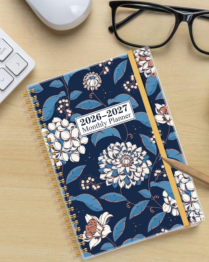 Monthly Planner 2026-2027 – Monthly Calendar from May 2026 to December 2027, 20 Month Planner with Spiral Binding, Inner Pocket, Elastic Closure, 5.8" x 8.5", Flower-A