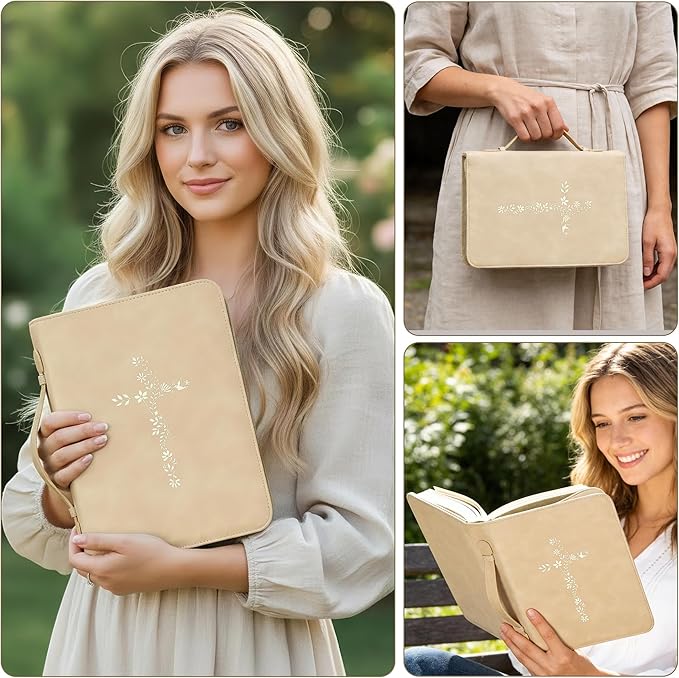 LISWIT Mother's Day Gift Bible Cover for Women, Large Bible Case - Durable PU Leather Carrying Bag Sleeve, Christian Gifts for Women, Girls, Teens (Beige/Gold)