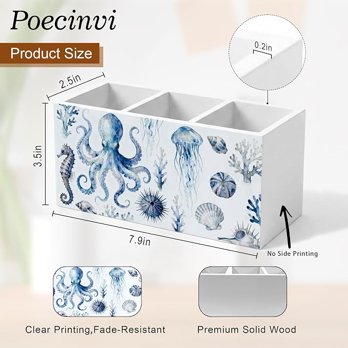 Watercolor Octopus Coastal Beach Pen Holder for Home Office Desk, Beach Office Decor, Blue Nautical Ocean Marine Life Wooden Box Sign Pencil Holder for Desk Shelf Organizer