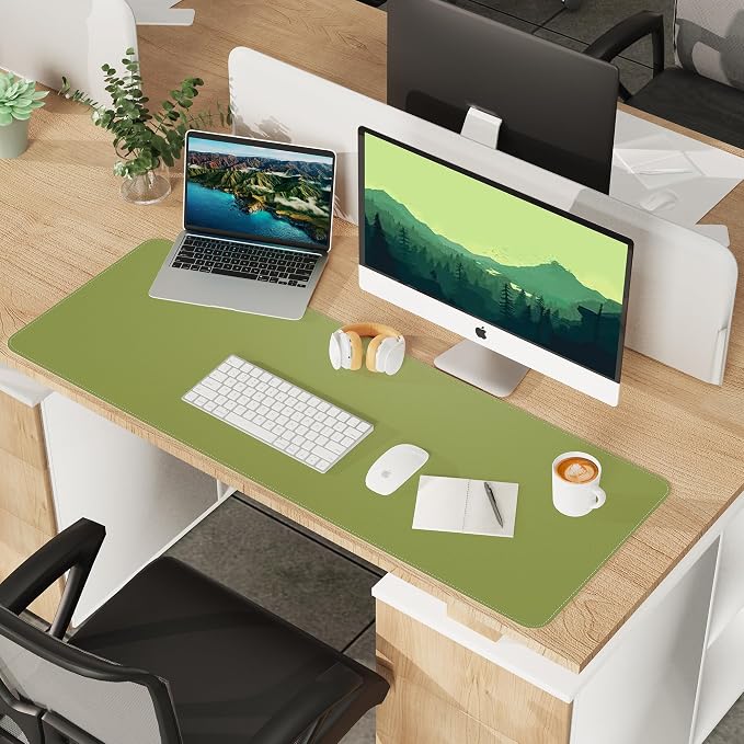 AFIING Leather Desk Pad Protector, Large Desk Mat with Natural Cork & PU Leather, Mouse Pad, Non-Slip, Waterproof Desk Writing Pad for Office and Home (Olive Green)