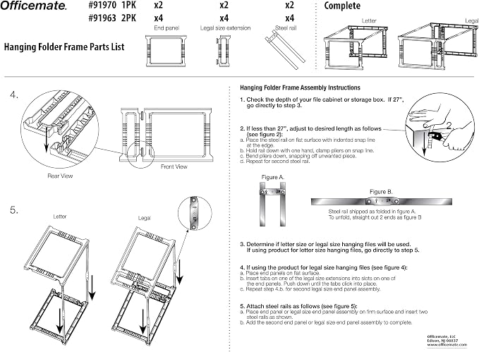 Officemate Plastic Hanging File Frame, 24-27, Letter and Legal Size, 1 Set (91970)