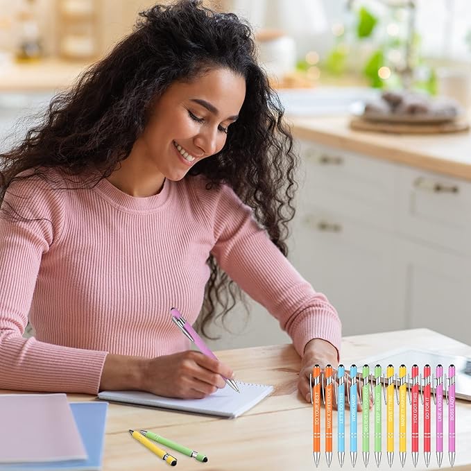 Zonon 12 Pcs Inspirational Pens Gift Set Funny Ballpoint Pen with Stylus Tip Motivational Graduation Gifts Bulk for Teacher Coworkers Nurse School Office Supplies(Macaron,Boss Lady)