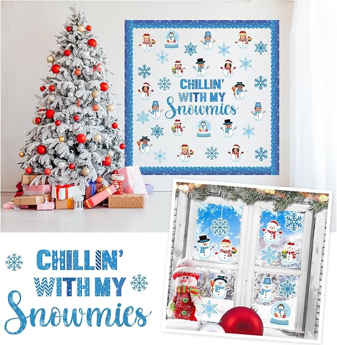 86 Pcs Winter Bulletin Board Decorations with Borders Holiday Chillin with My Snowmies Bulletin Board Christmas Snowman Snowflakes Cutouts for Classroom Decoration School Home Party