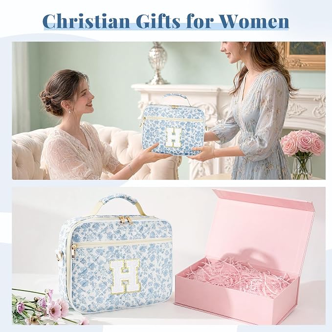 Personalized Initial Bible Cover Case for Women, Large Quilted Bible Bag with Durable Handle, Stylish Church Bag Journaling Kit with Study Supplies Accessories, Christians Gifts for Women (Blue-H)