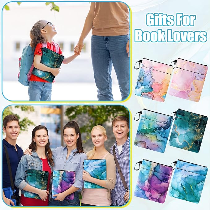 6 Pcs Book Sleeve with Zipper Book Covers for Paperbacks and Laptop Sleeve, Hardcover Marble Printed Pouch Bags for Graduation Women Girl Readers Librarian Accessories Club Gifts, 11 x 8.7 Inch