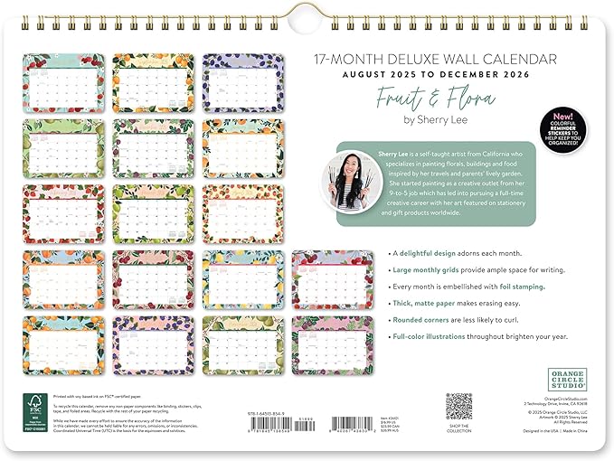 Orange Circle Studio Deluxe Wall Calendar 2025-26, Fruit & Flora, Large Monthly Planner with Hanging Hook for Home Office, Classroom or School Use, Family Calendar, Aesthetic Hanging Organizer