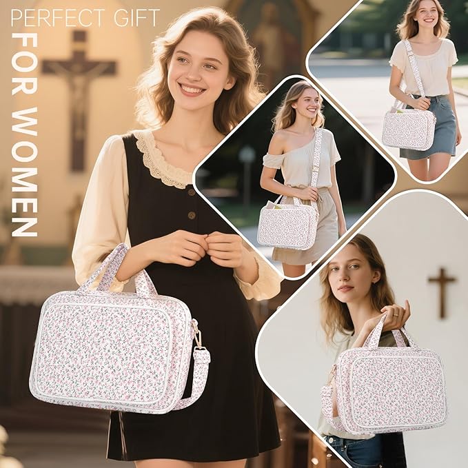 Bible Cover Case for Women Bible Study Supplies Church Camp Essentials Christian Gifts for Women Journaling Kit Quilted Large Bible Book Sleeve (Pink Flowers, Large)