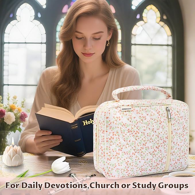 shirabags Quilted Bible Cover Case for Women - Elegant Cotton Bible Bag for Study, Church, Christian Gifts for Women (Pink Floral, M)