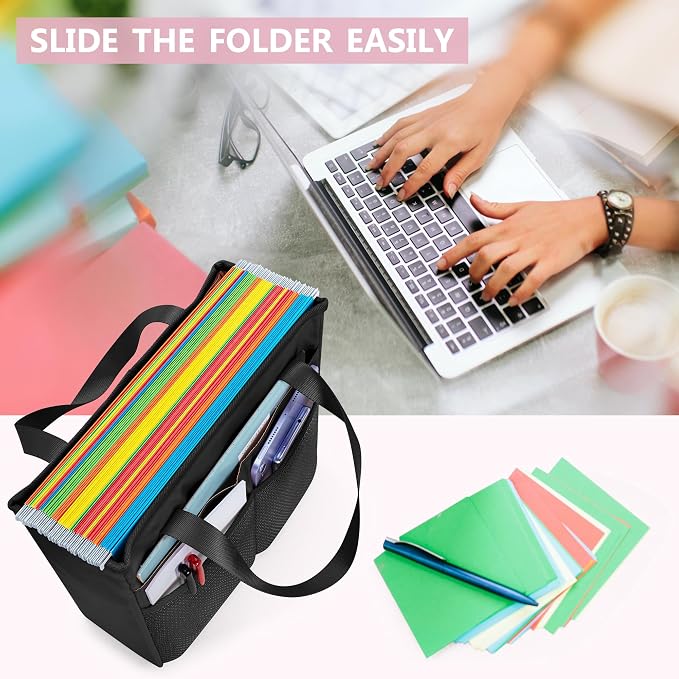 File Folder Tote Bag with Handle, Portable Document Organizer Box for Letter Size File Folder, Folding File Case for Home Office, Black, Large