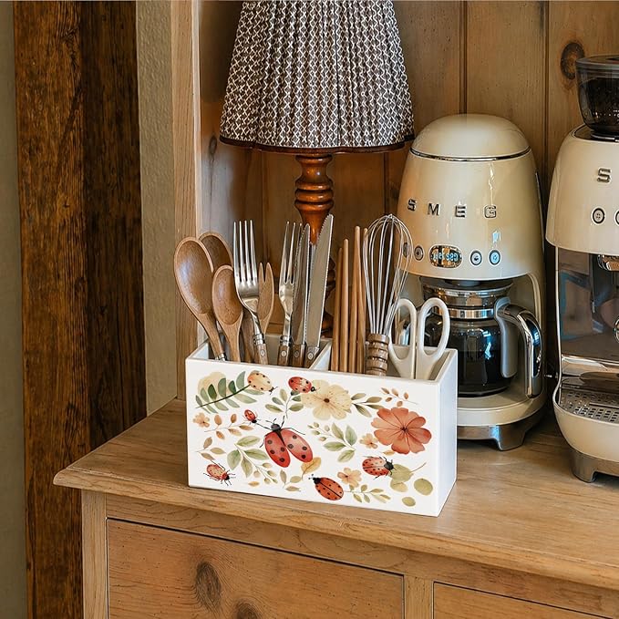 Ladybugs Floral Pen Pencil Holder for Desk Ladybug Gifts for Women, Cottagecore Wildflower Pencil Holders Wooden Box Organizer for Home Office Bedroom Desk Tabletop