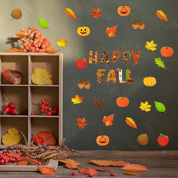 Marspark 68 Pieces Thanksgiving Classroom Decoration Fall Bulletin Border Decoration Pumpkin Maple Leaves Turkey Paper Cutouts Thanksgiving Wall Decor for Autumn Harvest Party School Home Windows