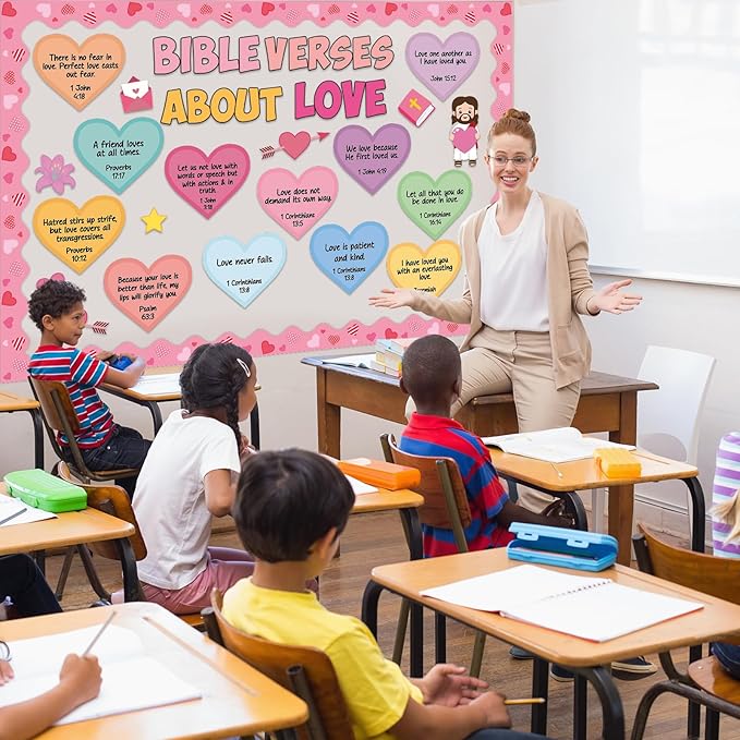 Valentine's Day Bulletin Board Decoration Colorful Heart Bible Verse Cutouts Valentines Jesus Religious Bulletin Board for Christian Valentine Office Chalkboard Sunday School Classroom Wall Decor