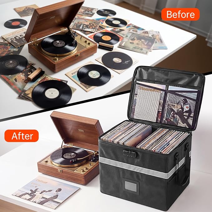 MEBRUDY Vinyl Record Storage Box with Lock, Fireproof & Water Resistant Album Storage for 150+ Records 12 inch, LP Storage Case with Adjustable Handle for Collectors, 16.7" x 13" x 13"