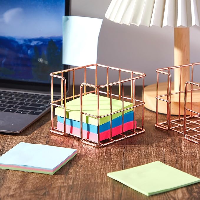 Harloon 2 Pcs Metal Sticky Note Holder 3.8 x 3.8 in Back to School Cute Memo Cube Dispenser Mesh Desk Organizer for Notepads Pens and Pencil Ideal for Classroom Office Supplies Home Storage(Rose Gold)