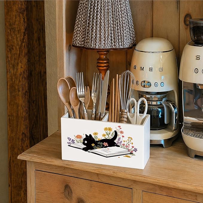 Cat Book Pen Pencil Holder for Desk Cat Lovers Gifts, Black Cat Lovers Gifts for Women,Floral Book Wooden Box Sign Decorations for Reading Room Corner Nook Desk Tabletop