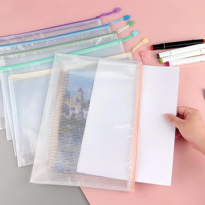 Tamaki 6 Pack Mesh Zipper Pouch Bags Waterproof Zipper Bags Durable Pouches for Organization Bag Board Game Storage, Document Bag Letter/A4