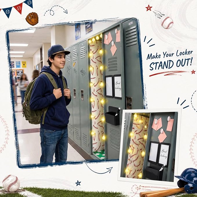 Kingdder 22 Pcs Baseball Theme Locker Accessories Kit Magnetic Locker Wallpaper Mirror Whiteboard Marker Pen Holder Magnet Hook Baseball Rug String Light for Back to Essentials Decoration