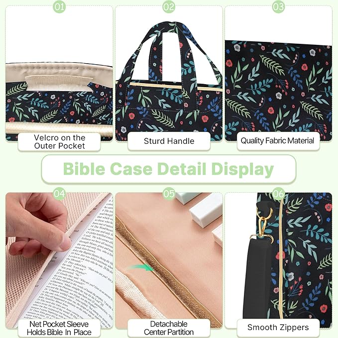 PUGPIU Bible Cover Case for Women, Large Quilted Bible Bag with Shoulder Strap and Handle, Bible Study Supplies Journaling Kit with Highlighters Pens No Bleed Tabs Notebook Cross Clips (Leaf)