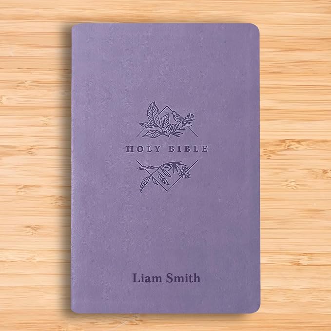Personalized NLT Bible New Living Translation Thinline Faux Leather Holy Bible with Custom Name in Dark Purple | Large Print | Custom Gift for Religious Celebrations | Lavender/Purple
