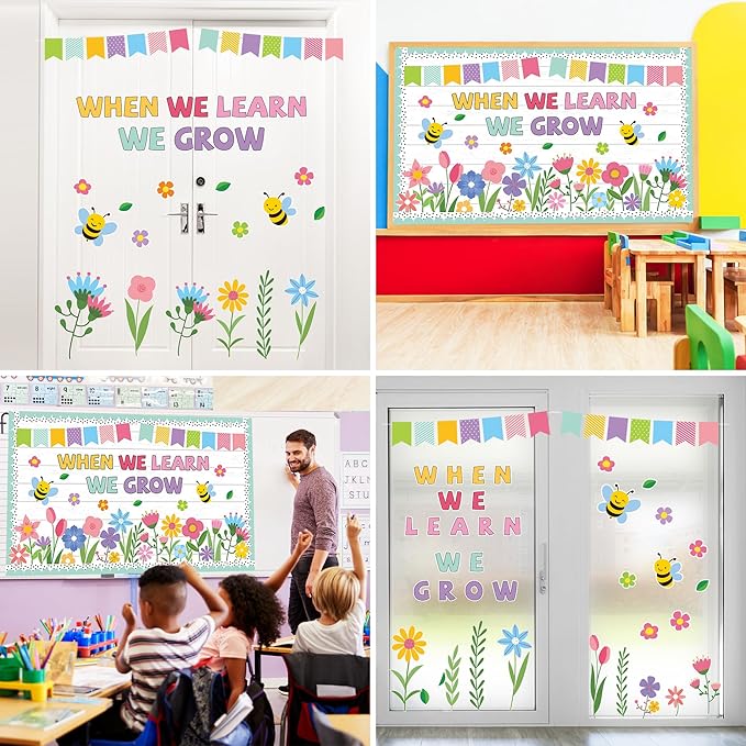 Spring Bulletin Board Set Spring Classroom Decorations When We Learn We Grow Inspirational Bulletin Board Flower Cutouts Wall Decor for School Office Chalkboard Window Door Decor Supplies