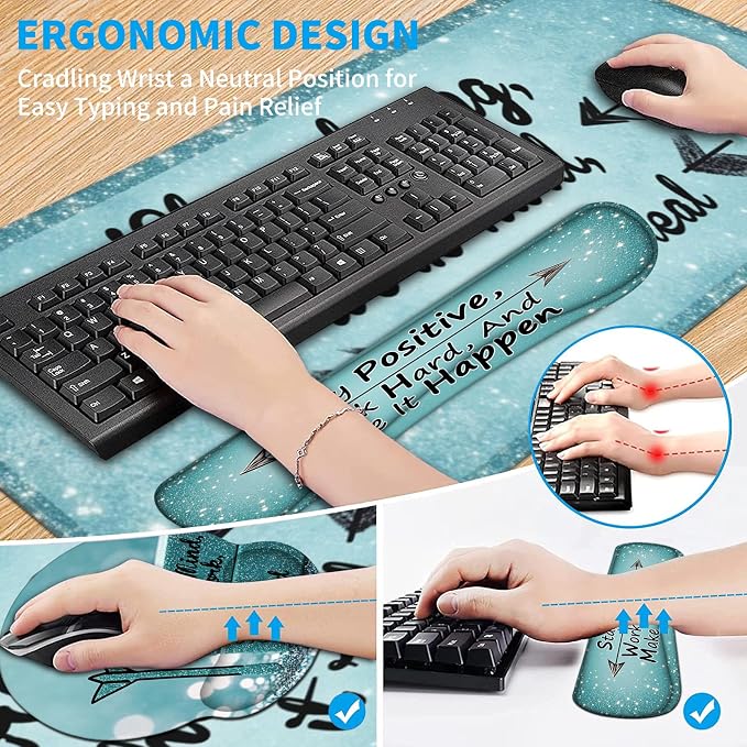 AQQA Desk Mat Desk Pad,5in1 XXL Mousepad + Keyboard Wrist Rest+Mouse Wrist Rest+Coaster Set with Ergonomic Desk Pad for Home Office Desk Accessories Decor Supplies,Stay Positive