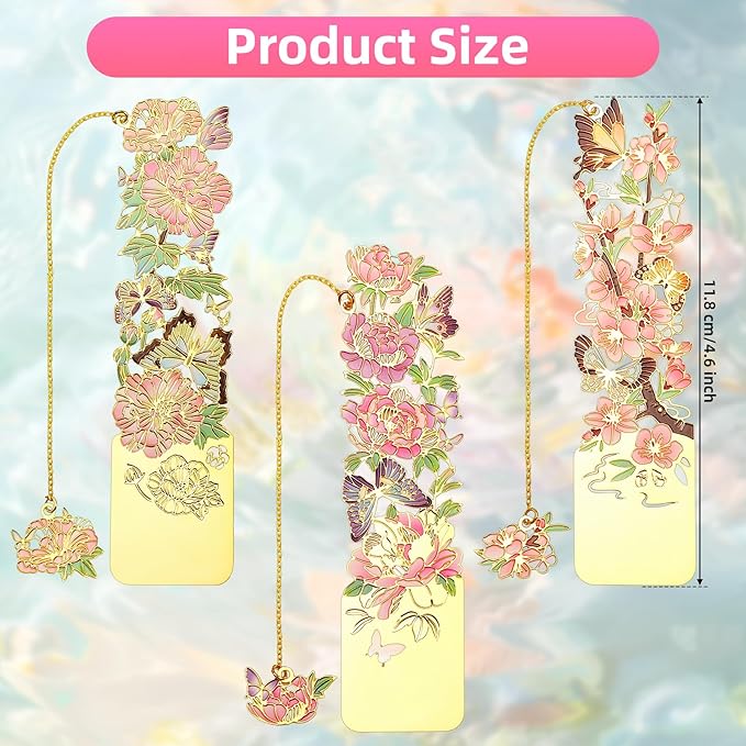 3 PCS Metal Bookmarks - Pretty & Beautiful Flower Bookmarks for Women - Peach Blossom, Cottonrose Hibiscus, Peony