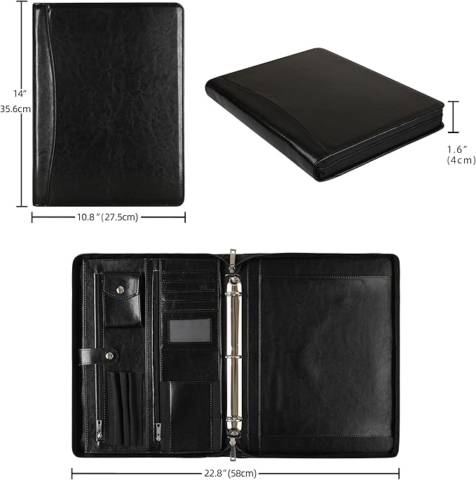 Black Leather Padfolio for Women/Men, Business Leather Binder 3 Ring Portfolio, Personalized Leather Portfolio Binder, Zippered Portfolio Organizer for A4 Notepad & 13-inch Laptop/Tablet