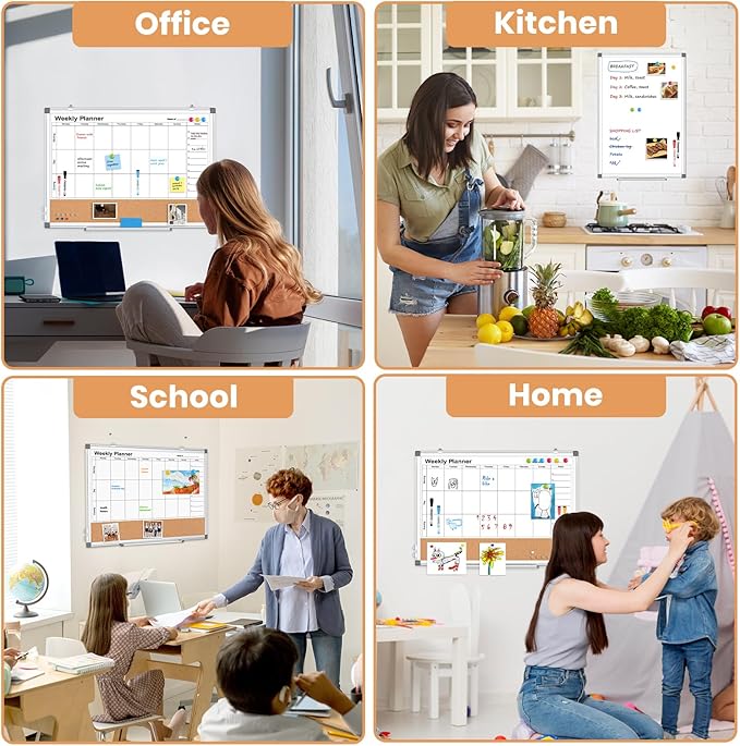 Weekly Dry Erase Calendar Whiteboard for Wall, 24" x 18" Double-Sided Weekly Planner White Board Cork Combo, Hanging & Wall Mount Week Bulletin Board with Notes for Home, Office, School, Kitchen