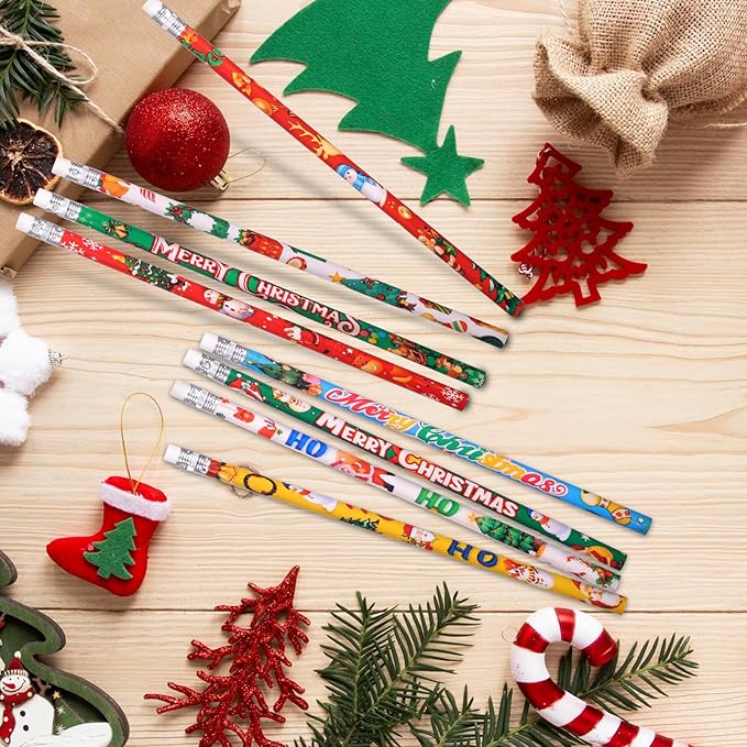 Christmas Pencils Assorted Xmas Wood Pencil with Eraser Snowman Santa Elk Pencils, 8 Styles(48)