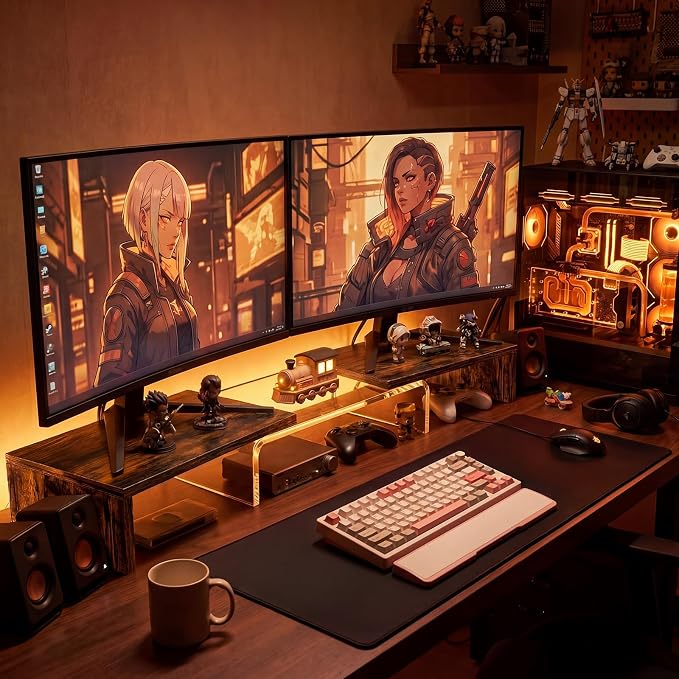 Dual Monitor Riser, Acrylic Monitor Riser, Adjustable Angle & Length Computer Monitor Stand, Wide Desk Shelf for Top of Desk for Home Office_Wood Look Small