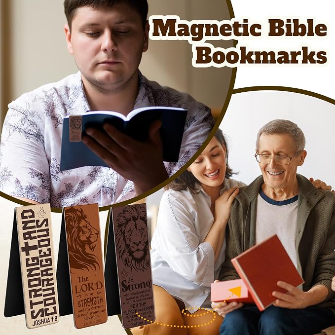 48 Pcs Magnetic Bible Bookmarks for Men Father's Day Christian Gifts Bulk Lion Inspirational Scripture Bookmarks, The Lord is My Strength Strong & Courageous Religious Gifts for Dad