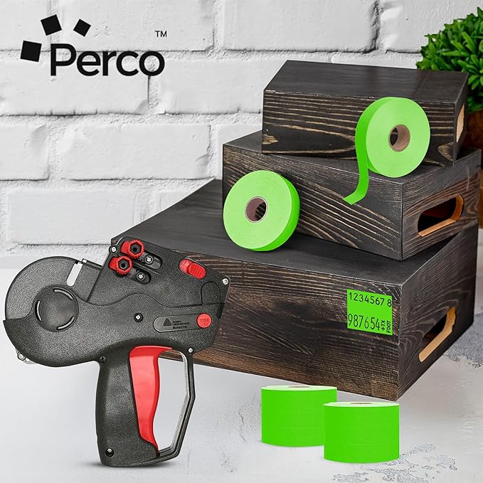 Perco Fluorescent Green 2 Line Pricing Labels - 8 Sleeves, 64 Rolls (112,000 Labels) - Monarch 1136 Compatible - Includes 8 Free Ink Rolls