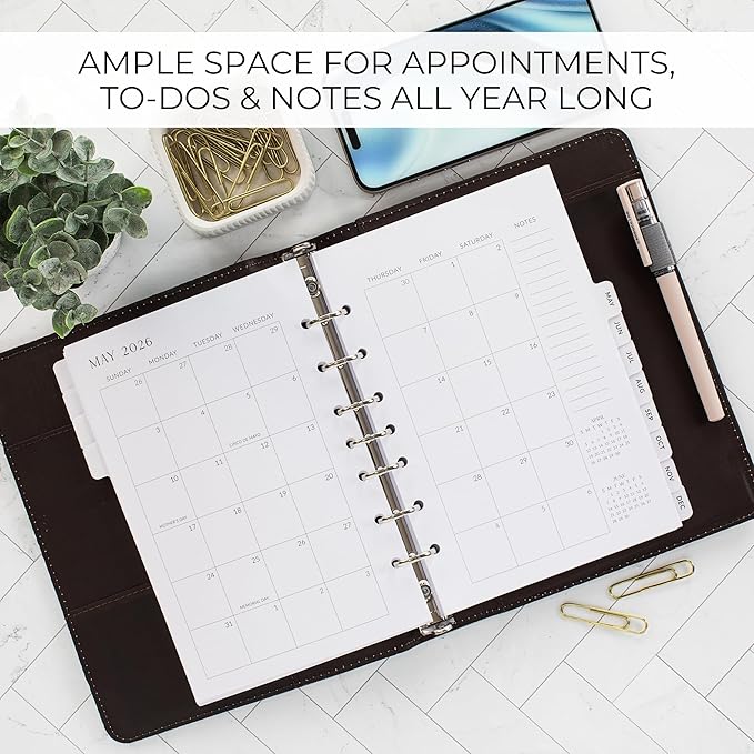 Beautiful 2026 Daily Planner Inserts for 7 Ring Binders – Durable A5 Paper Refill Set 5.5" x 8.3" - Refills Incl. Tabs & Monthly Calendar Spreads - From January 2026 - December 2026