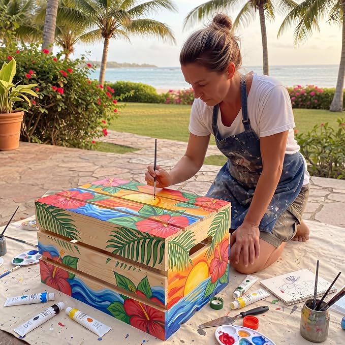 Huwena 2 Pack DIY Bikini Box Kit- DIY Painting Bikini Bin, 16 * 12 * 8in Wooden Crates with Shells, Paint for Crafts Assembly Summer Pool Basket for Hawaiian Tropical Beach Storage(2 Pack)
