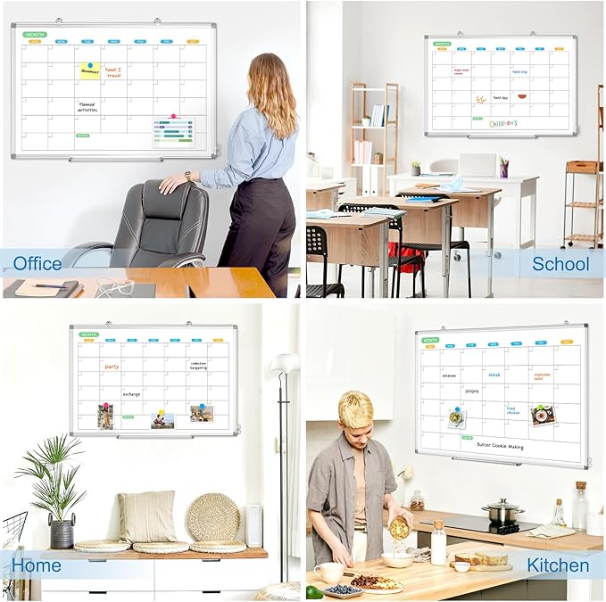 Dry Erase Board Calendar for Wall, 36" x 24" Magnetic Whiteboard Calendar, Monthly Calendar Whiteboard for Wall, Double-Sided Hanging Aluminum Frame White Board for Home, School, Office