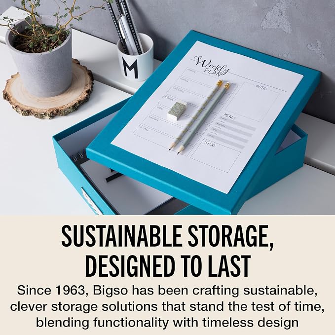 Bigso Oskar Fiberboard Label Frame Document Letter Box - File Organizer Box for Important Paperwork - Document Storage with a Lid & Metal Label Window - 3.3 in x 10.2 in x 13.8 in - Turquoise