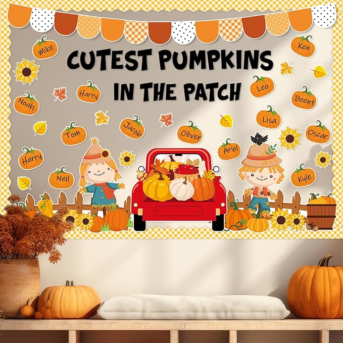 gisgfim Fall Thanksgiving Classroom Bulletin Board Decorations Set Autumn Cutest Pumpkins in The Patch Cutouts Fall Harvest Truck Maple Leaves Bulletin Board Decor for School Home Chalkboard Wall