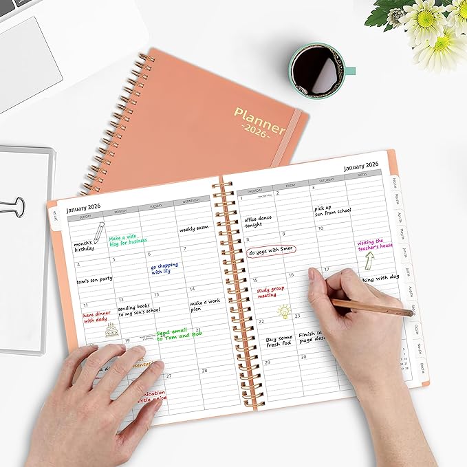 Day Planner 2026, Weekly and Monthly Planner 2026, Jan 2026-Dec 2026, 6.2" x 8.4", Calendar Daily Planner with Tabs & Pocket, 100GSM Thick Paper, Pink