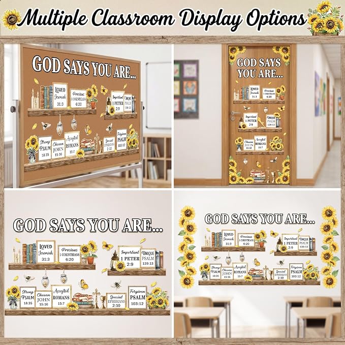 Qilery Sunflower Faith Bulletin Board Decorations Set, Cardstock Religious Wall Cutouts, Bulletin Board Borders & Letters, Christian Office Inspirational & Church Classroom Decor Kit, Adhesive Dots
