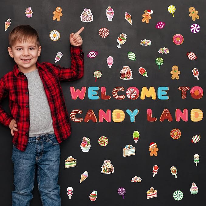 Marspark 68 Pcs Candy Land Decoration Christmas Bulletin Border Decoration Welcome to Candy Land Decor Donut Peppermint Round Gingerbread Man House Cutouts for Classroom Wall Decor