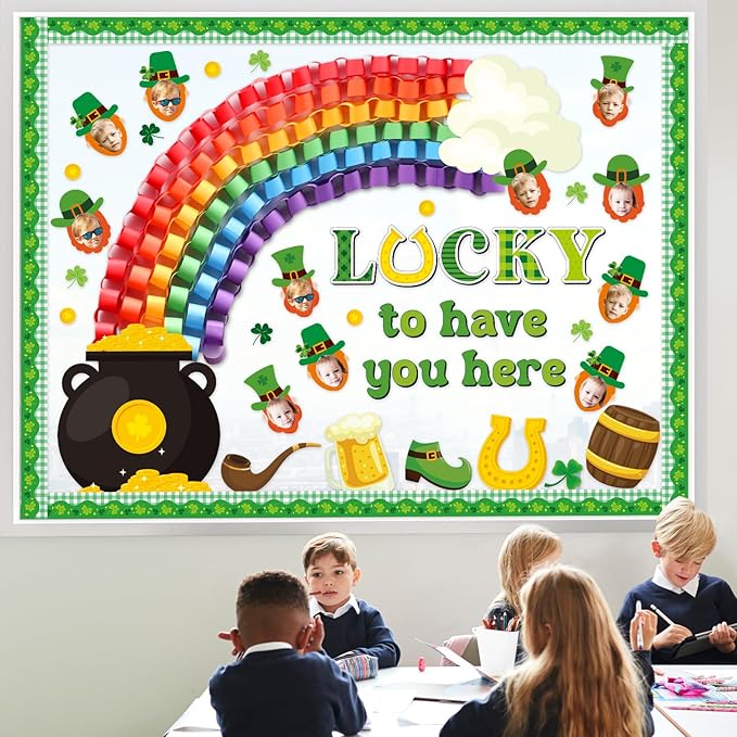 St. Patrick's Day Bulletin Board Classroom Decorations Shamrock 3D Rainbow Gold Coin Cutouts DIY Craft Photos Bulletin Board for Teacher Nursery Classroom Door Wall Decor St. Patrick Party Supplies